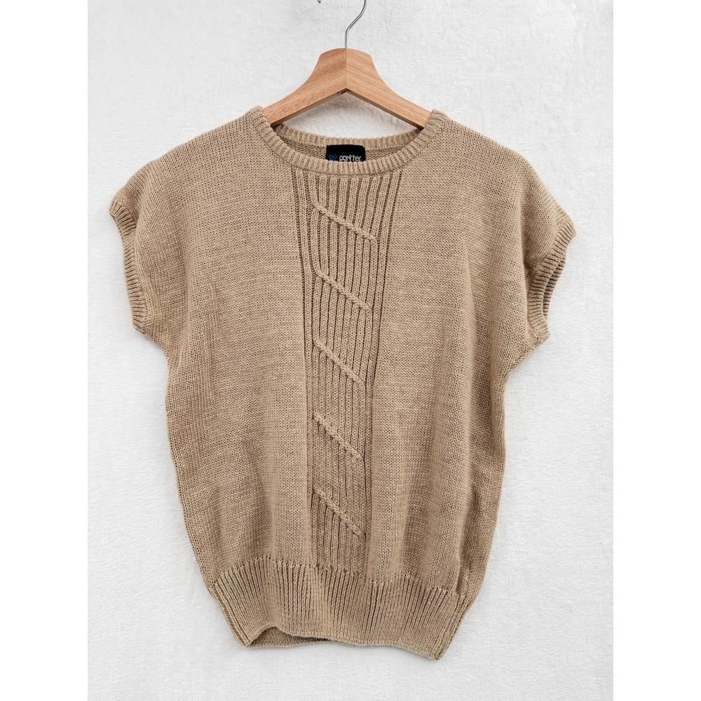 Panther Vintage Tan Ramie Cotton Cable Knit Cap Sleeve Sweater M Neutral 80s